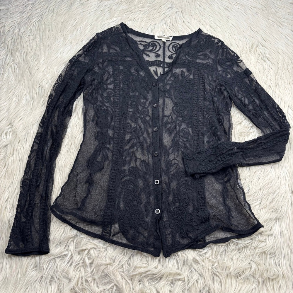 Amber Skies Women's M Black Sheer Embroidered Mesh Button Front Blouse Goth
